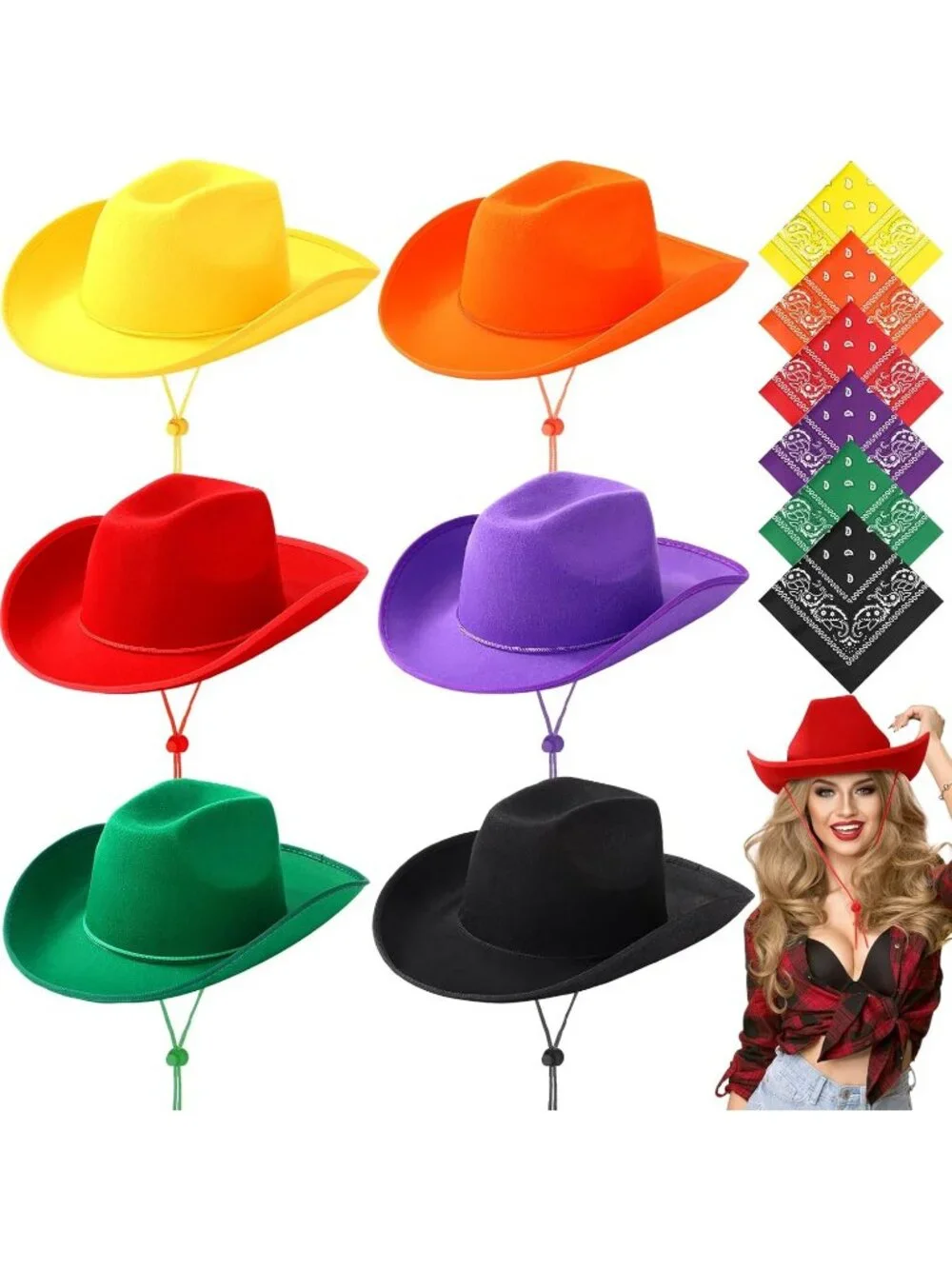 Men's Mix Color Bandanas Bulk Adjustable Felt Western Cowboy Cowgirl Hat 12 Pcs